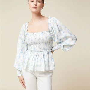 Smocked Blouse - Floral Blue and White Women's Top
